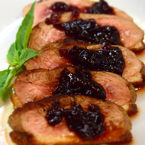 Duck breast with creamed potatoes and plum jam