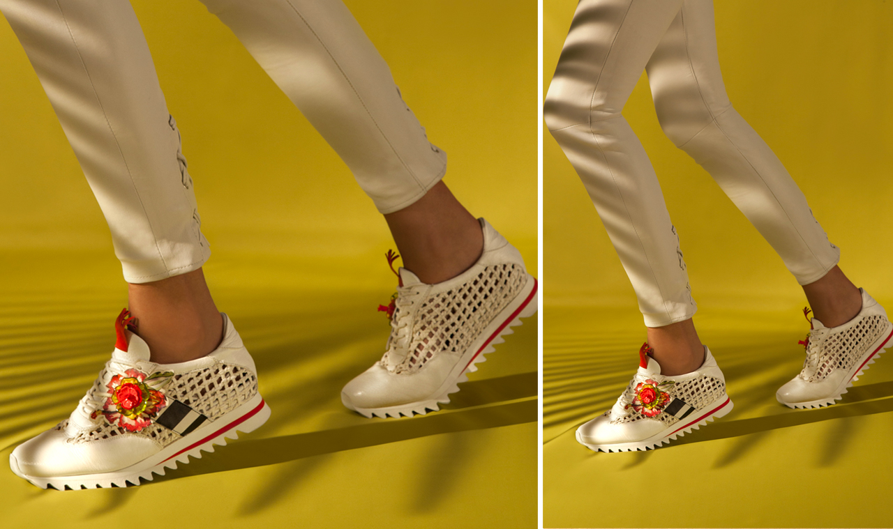 Completely unlined sneaker with woven effect. Glamorous floral embellishment.