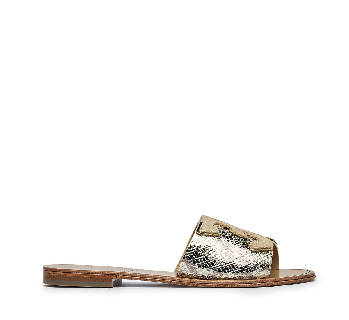 Reptile-effect leather slip-on sandal